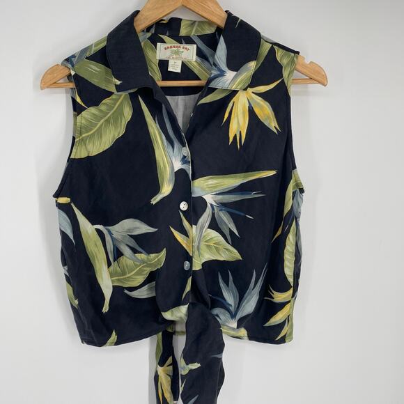 Banana Bay Top Women’s Medium Silk Knot Tie Front Tropical Palm Print Resortwear - Picture 1 of 6